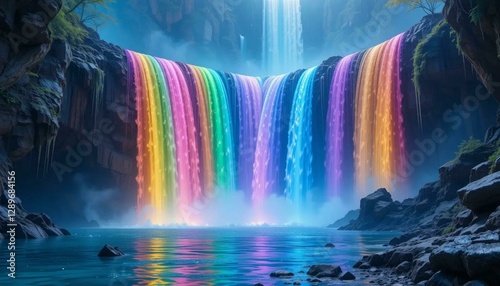 Waterfall with rainbow in the night, Generative ai