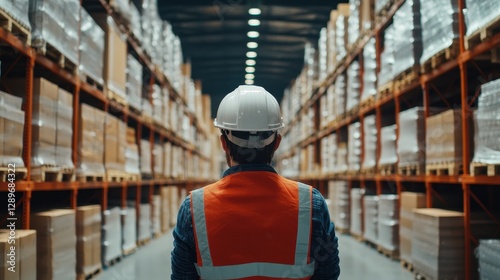 Back view of a worker ensuring all packages are correctly labeled in a warehouse, [employee, inspection, warehouse, back view]