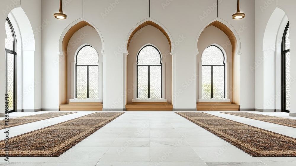 Fototapeta premium Elegant Muslim Interior Design with Arched Windows and Rugs