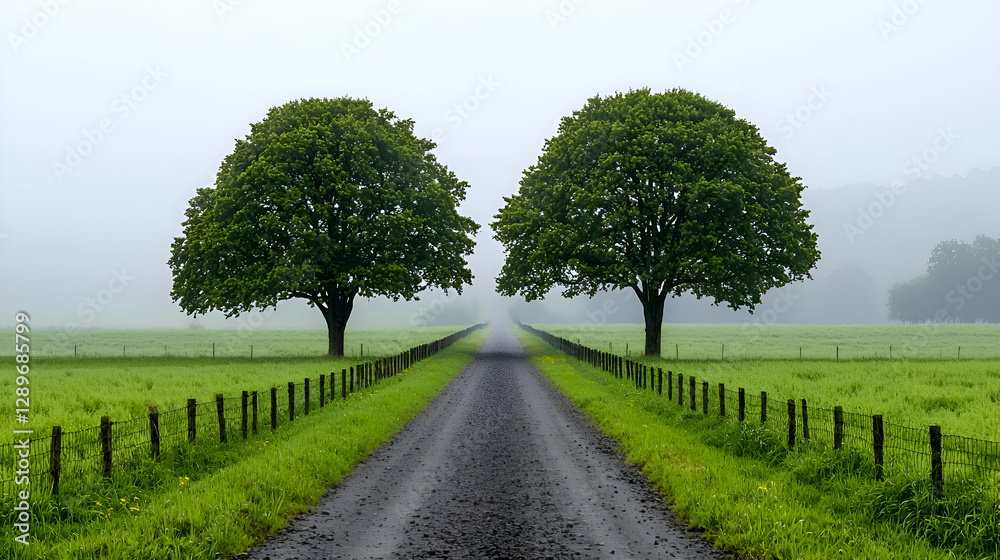 Obraz premium Misty Country Road with Two Green Trees