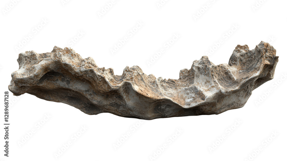 Fossilized Dinosaur Bone Display, intricately detailed, showcased on a clean white surface, transparent background, educational and scientific focus