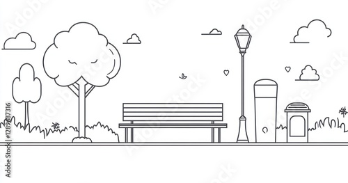 Simple line art park scene with bench, trees, lamppost, and clouds.
