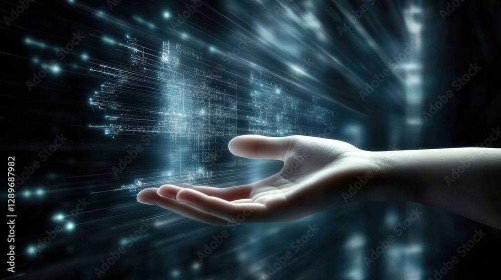 Fototapeta premium An abstract depiction of a hand reaching into a digital cosmos, symbolizing the interaction between humans and technology in a beautifully rendered visual form.