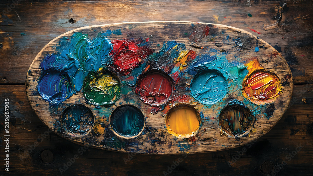 Rustic Wooden Artist Palette with Vibrant Oil Paints Rustic Wooden Artist Palette with Vibrant Oil Paints