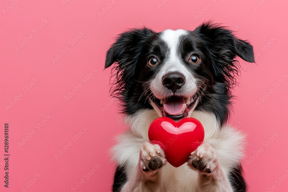 Cute australian shepherd canine with diamond red heart - sign of love, funny greeting card. Marketing visual image. Australian shepherd - my treasured dog. Valentine's dog photography. Cute australian shepherd canine with diamond red heart - sign of love, funny greeting card. Marketing visual image. Australian shepherd - my treasured dog. Valentine's dog photography.