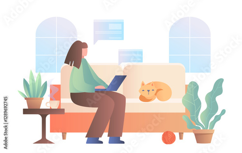 Woman working on laptop with cat on sofa, flat style, white background. Concept of remote work and pet companionship. Vector illustration