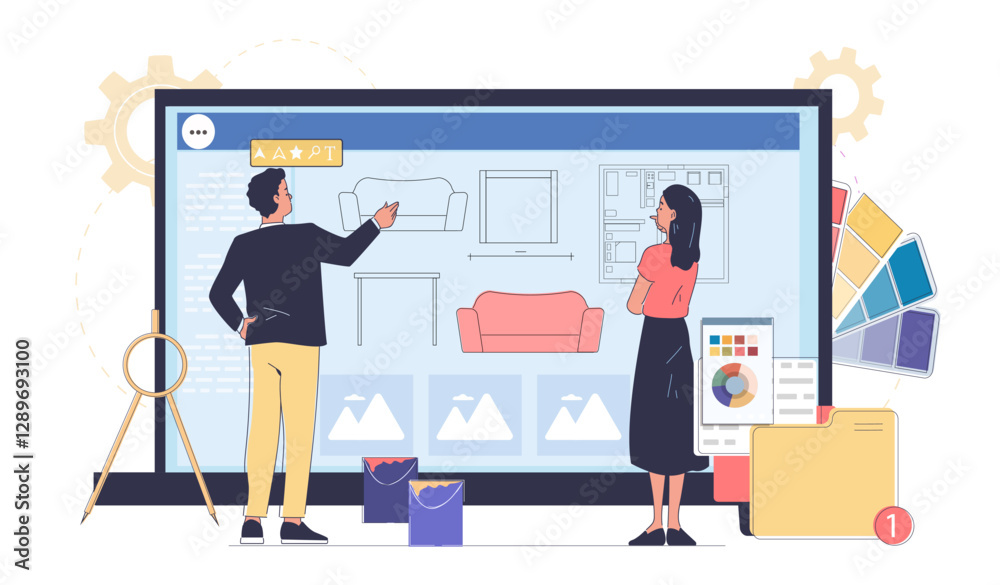 Fototapeta premium People using interior design software, flat style, on white background. Concept of home renovation and decoration planning. Vector illustration