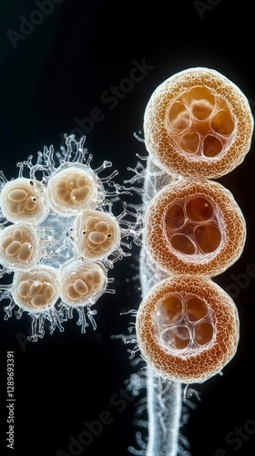 Microscopic algae exhibit delicate formations with distinct cellular features. Observed under scientific magnification, these organisms reveal their complex and diverse architecture photo