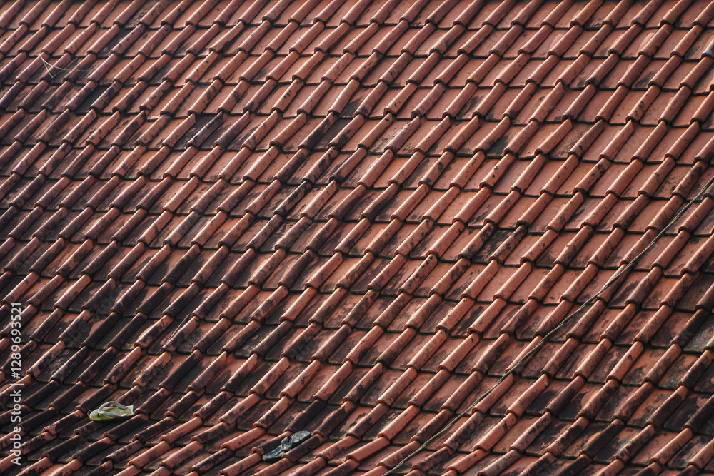 Close-up view of aged terracotta roof tiles, showing their texture and pattern. The colors are deep reds and browns. Aged Terracotta Roof Tiles: A Textured Architectural Detail Close-up view of aged terracotta roof tiles, showing their texture and pattern. The colors are deep reds and browns. Aged Terracotta Roof Tiles: A Textured Architectural Detail