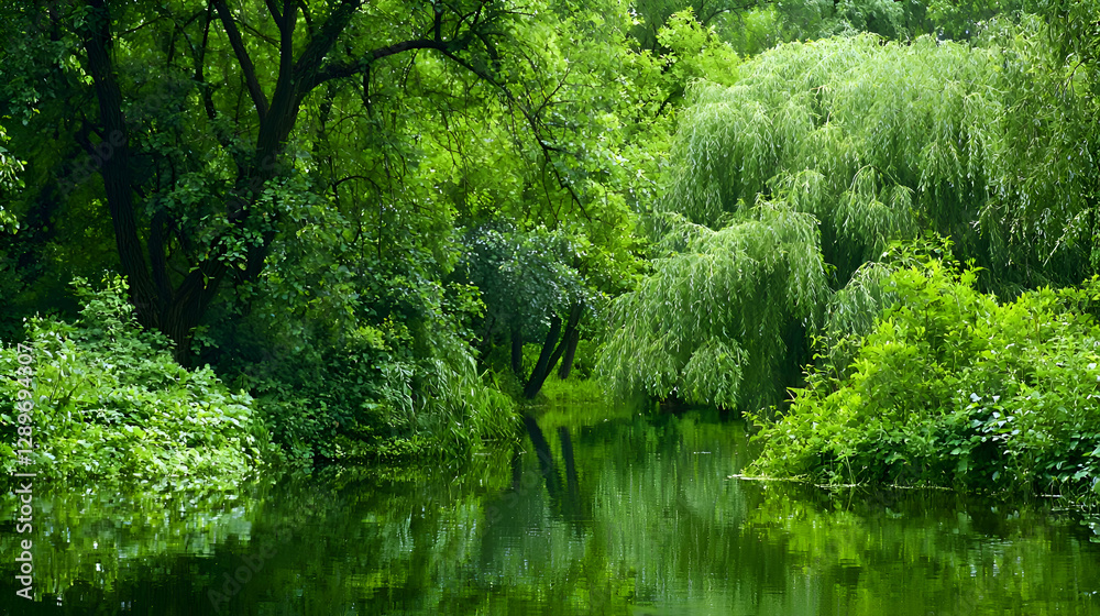 Lush Green Forest Pond with Water Reflections Lush Green Forest Pond with Water Reflections