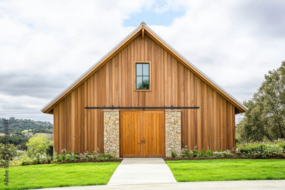 Timeless barn-style building with wooden facade and stone accents located in a scenic rural setting surrounded by green hills on a cloudy day