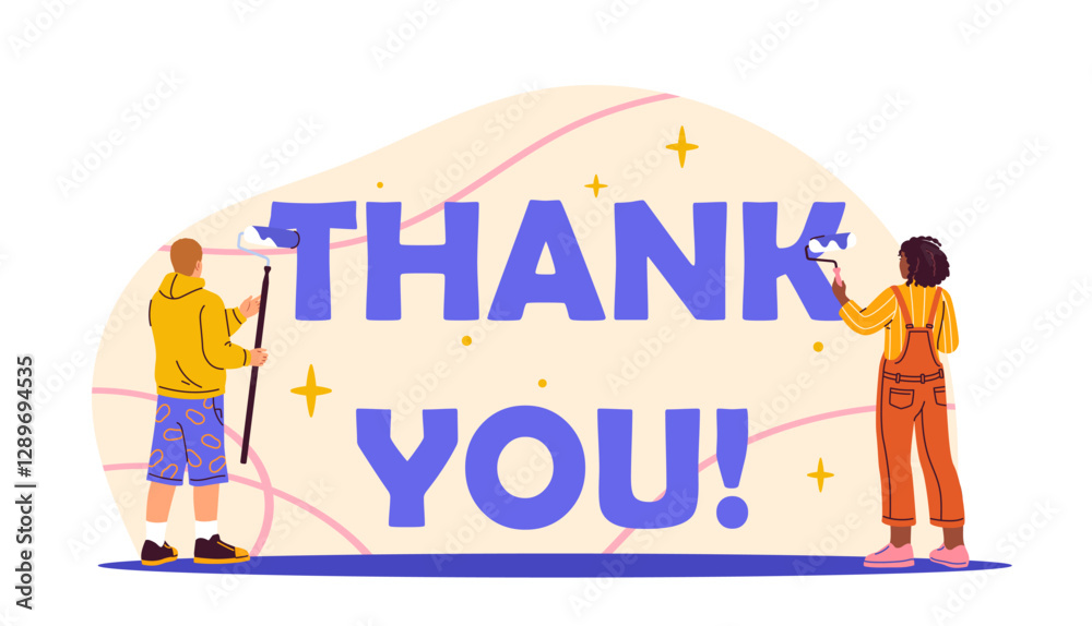 People painting THANK YOU text, flat style, on a light background, concept of gratitude. Vector illustration People painting THANK YOU text, flat style, on a light background, concept of gratitude. Vector illustration