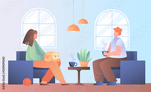 A couple sitting in a room with a cat, flat graphic style, light blue background, concept of relaxation and companionship. Vector illustration