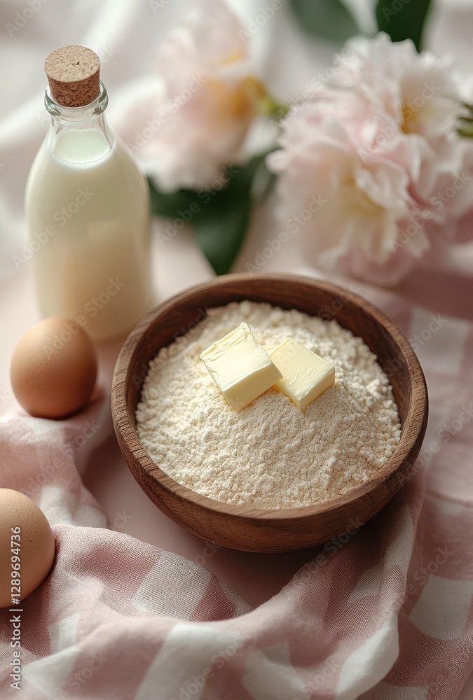 Fresh ingredients for baking on a rustic table with flour, eggs, butter, milk, and flowers creating a cozy kitchen atmosphere for homemade treats Fresh ingredients for baking on a rustic table with flour, eggs, butter, milk, and flowers creating a cozy kitchen atmosphere for homemade treats