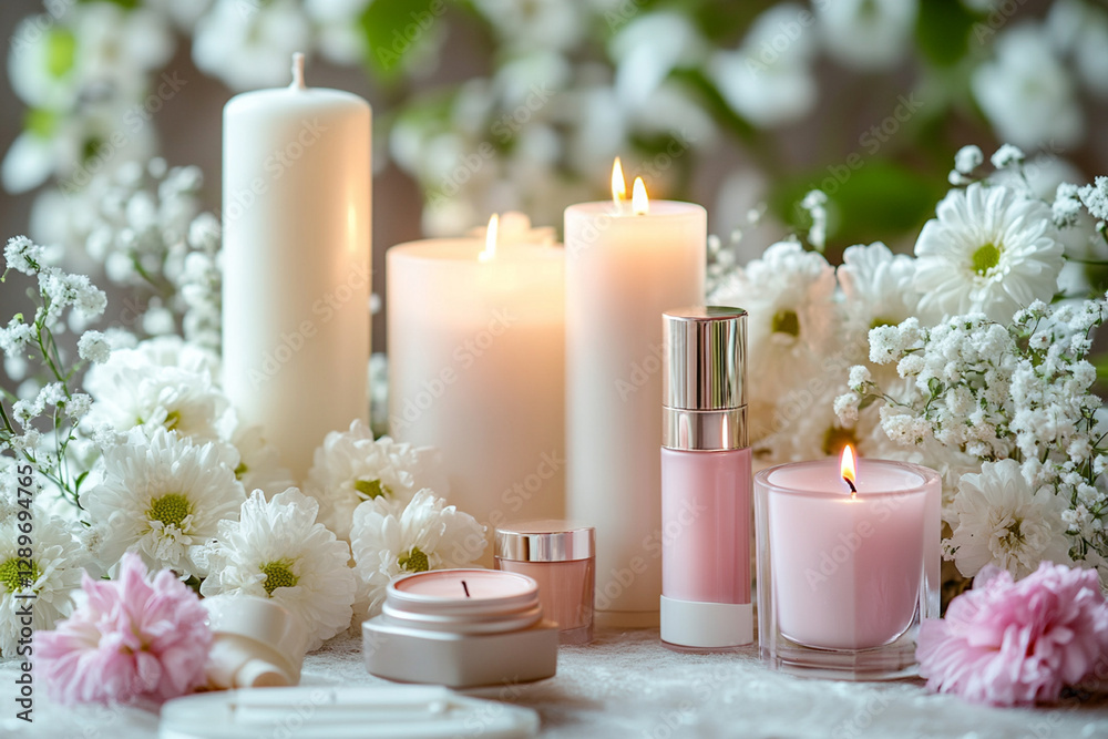 Romantic composition of cosmetics with candles and flowers