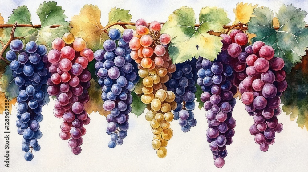 Fototapeta premium Vibrant Watercolor Painting of Grape Clusters with Green Leaves
