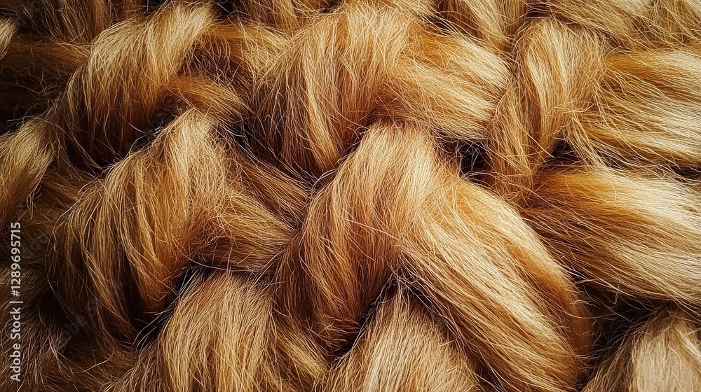 Fototapeta premium This image showcases a close-up view of intricately woven golden hair, presenting a beautifully textured pattern that captures light and enhances its vibrance.