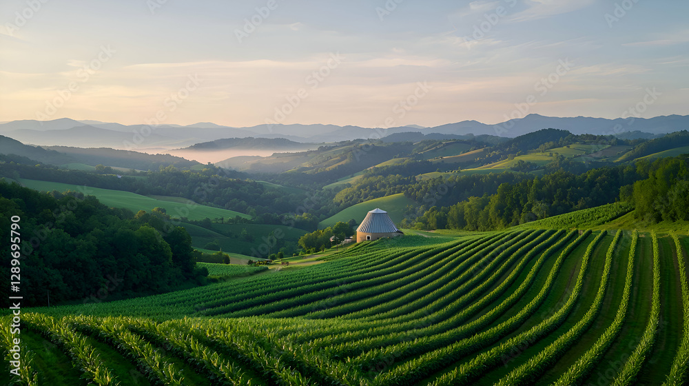Sunrise Over Rolling Green Hills and Vineyard Rows Sunrise Over Rolling Green Hills and Vineyard Rows