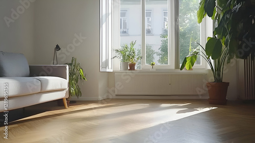 Bright Living Room Interior with Sunlight and Plants