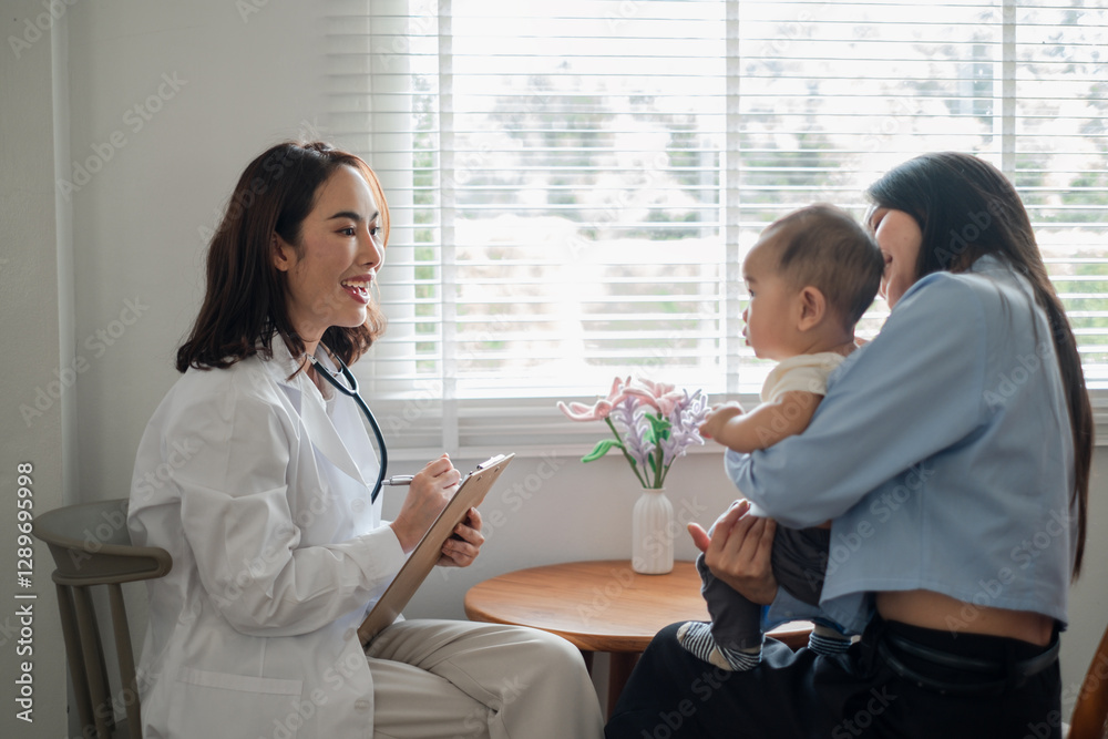 A pediatrician consults with a mother and her baby in a well-lit medical office, fostering a caring and professional environment. A pediatrician consults with a mother and her baby in a well-lit medical office, fostering a caring and professional environment.