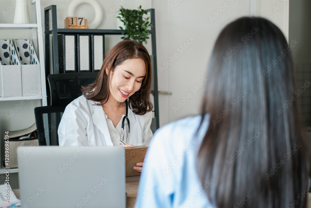 Female doctor smiling while consulting with a patient in a modern medical office, emphasizing healthcare and wellness. Female doctor smiling while consulting with a patient in a modern medical office, emphasizing healthcare and wellness.