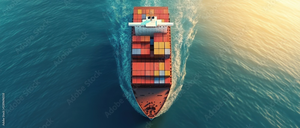 Fototapeta premium Top view cargo ship navigation in pastel 3D render, Import-export logistics, flat design for modern shipping concepts.