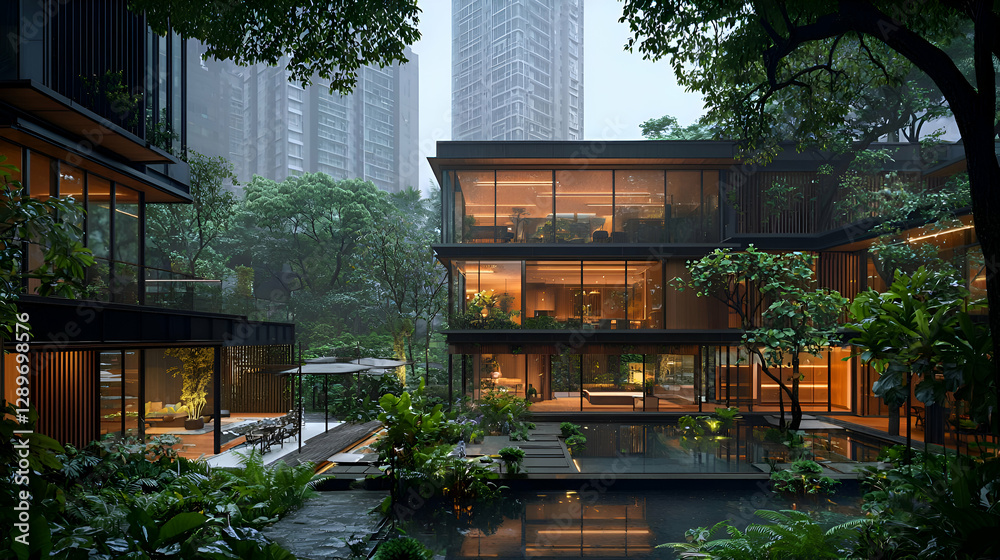 Fototapeta premium Modern Residential Architecture in City Setting at Night