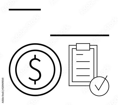 Dollar coin icon, clipboard with list and checkmark in flat design. Ideal for finance management, budgeting, audits, savings, approvals, task planning and organization. Abstract line flat metaphor