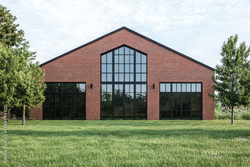 A contemporary brick edifice featuring expansive windows stands gracefully amidst lush green grass, all set against a tranquil landscape under the bright daylight A contemporary brick edifice featuring expansive windows stands gracefully amidst lush green grass, all set against a tranquil landscape under the bright daylight