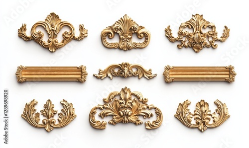 Ornate gold decorative elements arranged on a white background showcasing intricate designs and craftsmanship in interior decor