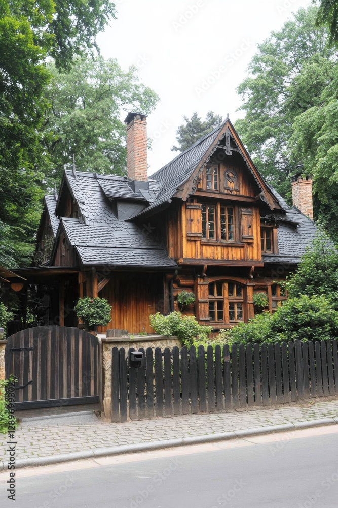 A delightful wooden house featuring an elaborate design, perfectly situated among towering trees in a tranquil and serene neighborhood A delightful wooden house featuring an elaborate design, perfectly situated among towering trees in a tranquil and serene neighborhood