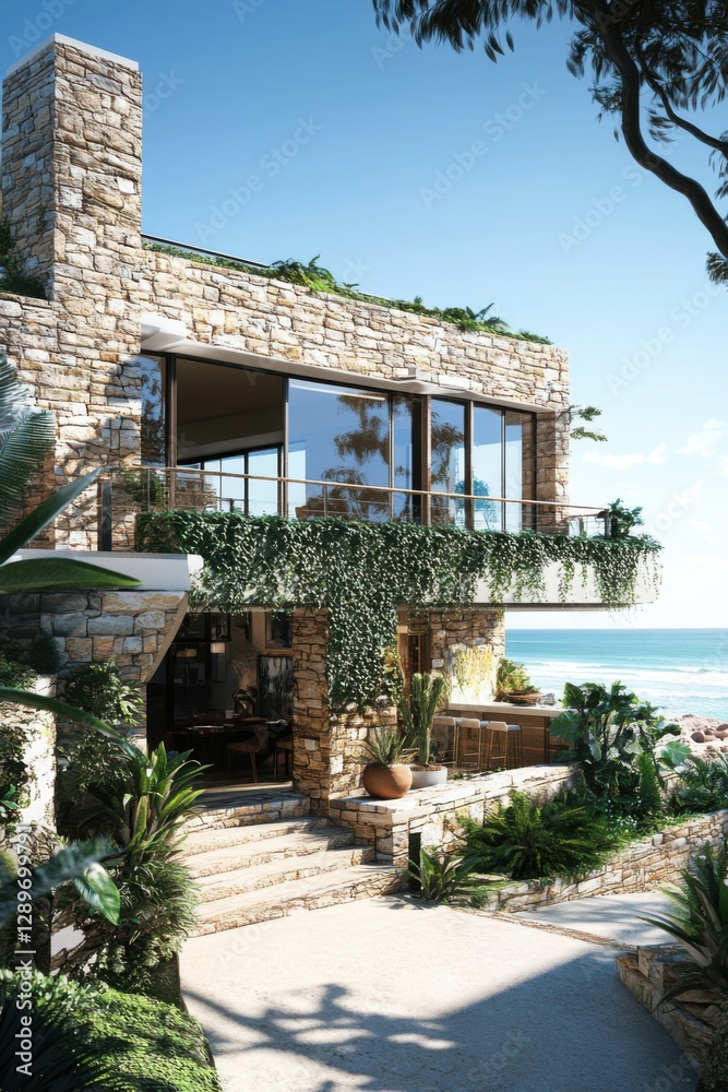 Fototapeta premium A charming coastal stone house nestled amidst vibrant greenery, boasting stunning views of the sparkling ocean on a beautiful sunny day
