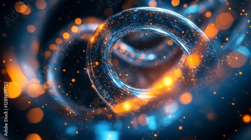 Abstract glowing wave with particles and sparkles in blue and orange colors creating a dynamic and vibrant background