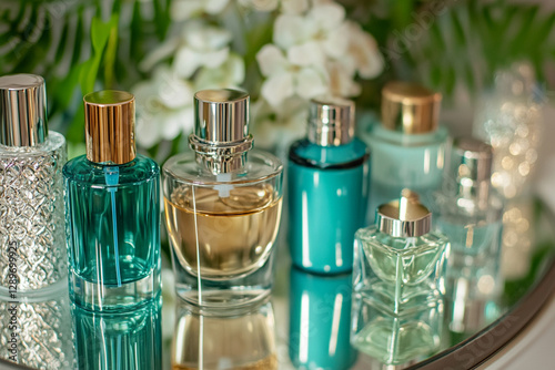 Collection of stylish perfume and skincare bottles on a mirror photo