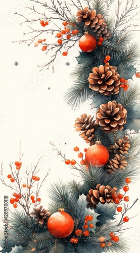 Festive Christmas Wreath Watercolor Design with Pine Branches Ornaments and Fairy Lights