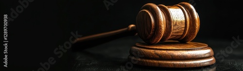 Wooden Gavel in Courtroom on Wooden Block in Dark Background Dramatic Lighting photo