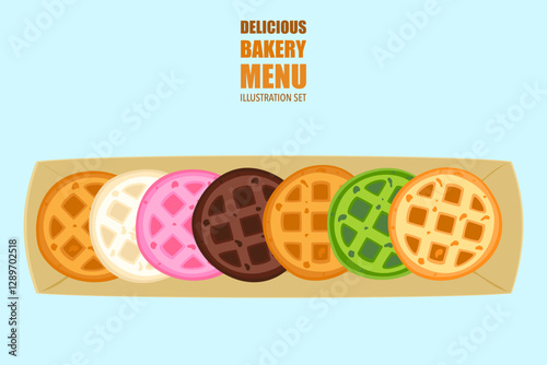 Food vector illustration. Bakery. Crispy waffles, handmade bread. Cooking. Sweet products. Sweet products. Food menu. Blank isolated on white background. For posters, signs, cards, and advertisements