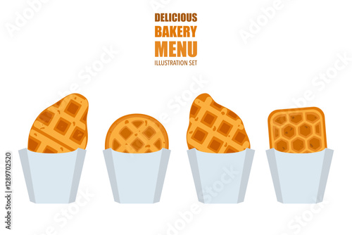 Food vector illustration. Bakery. Crispy waffles, handmade bread. Cooking. Sweet products. Sweet products. Food menu. Blank isolated on white background. For posters, signs, cards, and advertisements