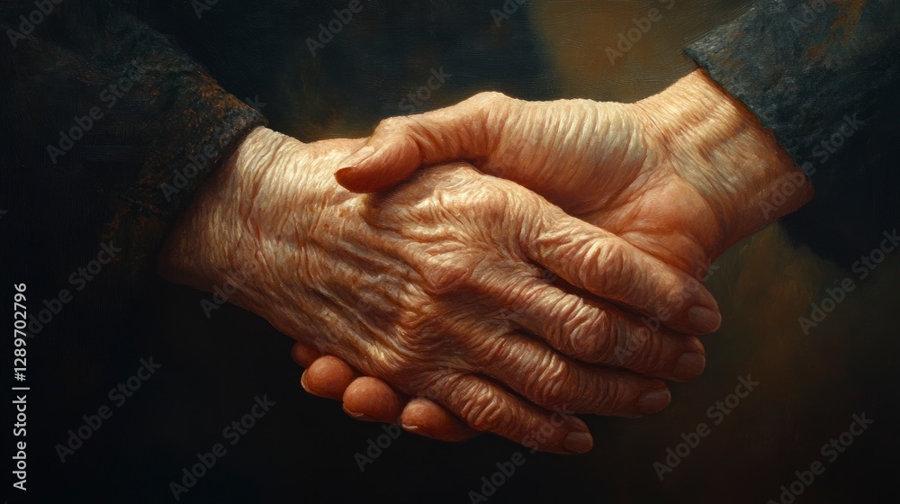 Fototapeta premium Gentle Hands of Friendship Capturing the Tapestry of Time with Ageing, Connection, and Emotional Bonds in Close Embrace