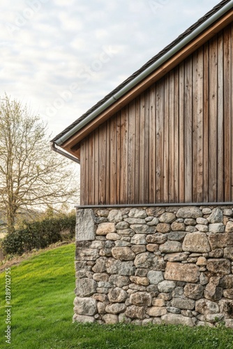 Wooden house corner with stone base set against a serene landscape, showcasing architectural details and the beauty of nature during early evening