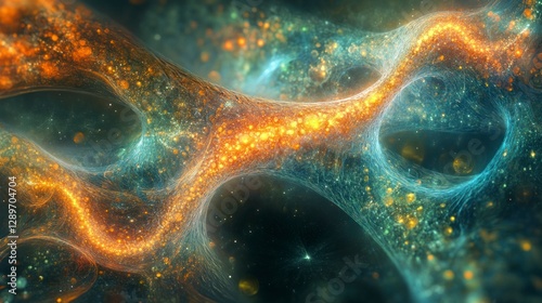 Abstract Cosmic Design with Flowing Lines and Glowing Particles in Blue and Orange Color Scheme