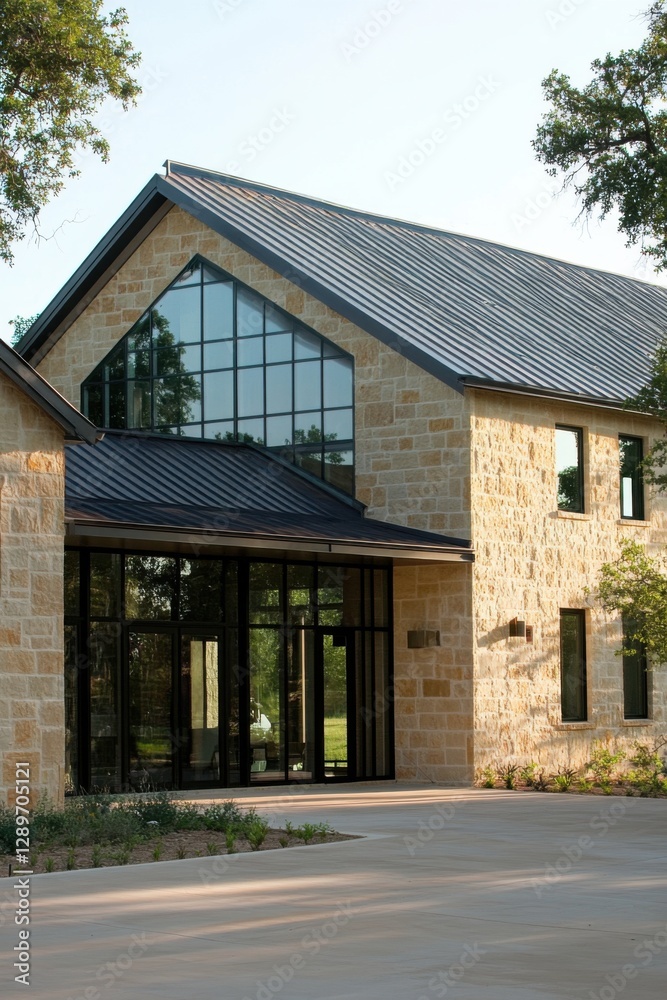 Modern architectural design features large glass windows and stone accents in a serene outdoor setting in the afternoon light of a suburban location Modern architectural design features large glass windows and stone accents in a serene outdoor setting in the afternoon light of a suburban location