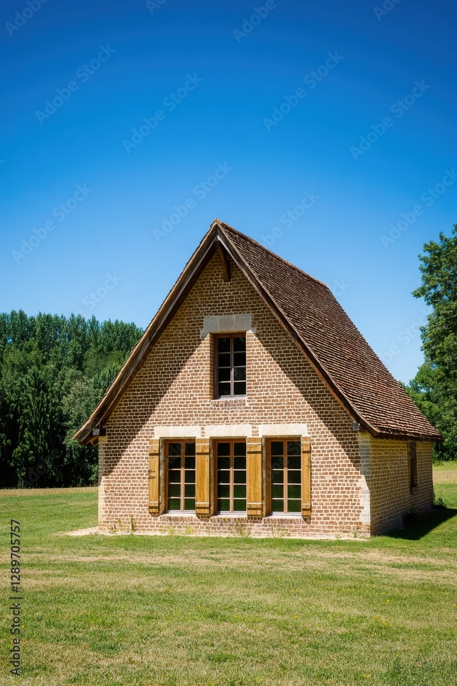 Nestled in a picturesque rural setting, this charming countryside house is enveloped by vibrant, lush greenery, bathed in warm sunlight on a clear, beautiful day Nestled in a picturesque rural setting, this charming countryside house is enveloped by vibrant, lush greenery, bathed in warm sunlight on a clear, beautiful day