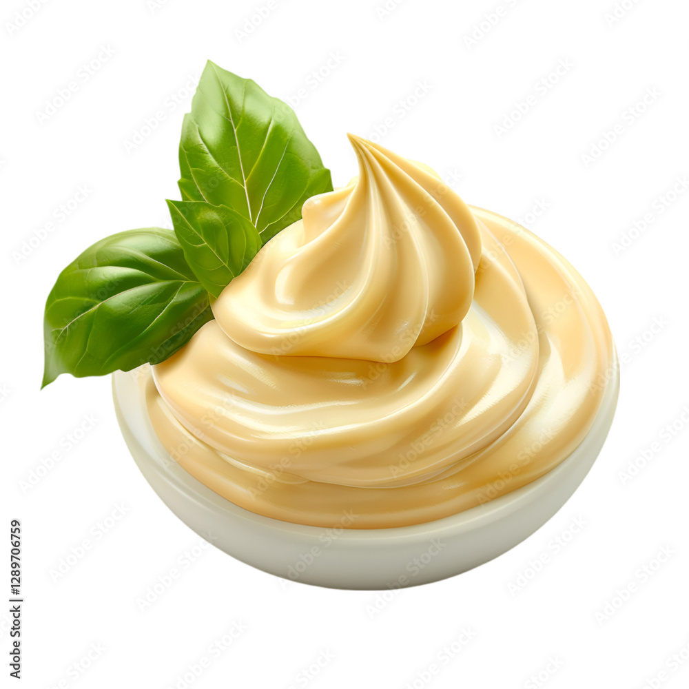 Creamy Mayonnaise in Bowl with Basil Garnish Delicious Food Creamy Mayonnaise in Bowl with Basil Garnish Delicious Food