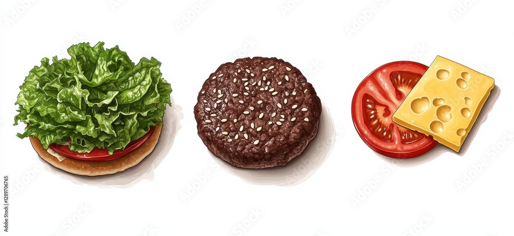 Fresh lettuce and juicy tomato slice beside a delicious hamburger patty and tasty cheese slice on a clean white background for food design Fresh lettuce and juicy tomato slice beside a delicious hamburger patty and tasty cheese slice on a clean white background for food design