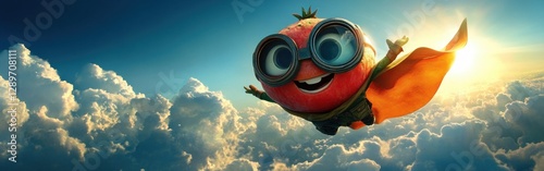 Superhero Watermelon Flying in Sky with Cape Clouds and Sunlight Cartoon Fun