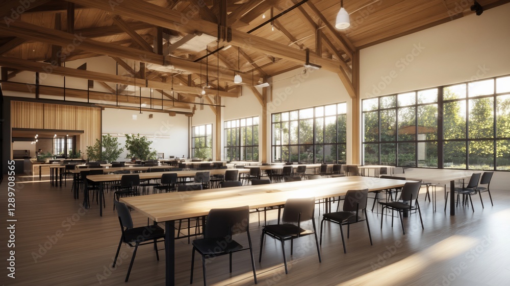 Modern timber-framed workspace with large windows, sunny interior, and rows of tables Modern timber-framed workspace with large windows, sunny interior, and rows of tables
