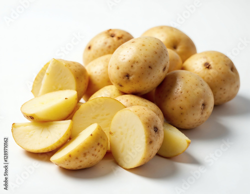 Fresh whole and sliced baby potatoes on a white background photo