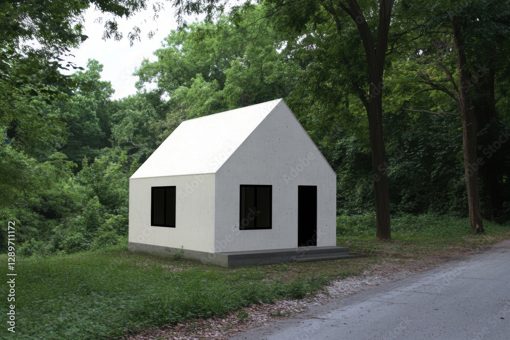 Unique minimalist house design situated on a quiet road surrounded by lush greenery during the daytime creates a striking contrast against the natural landscape Unique minimalist house design situated on a quiet road surrounded by lush greenery during the daytime creates a striking contrast against the natural landscape