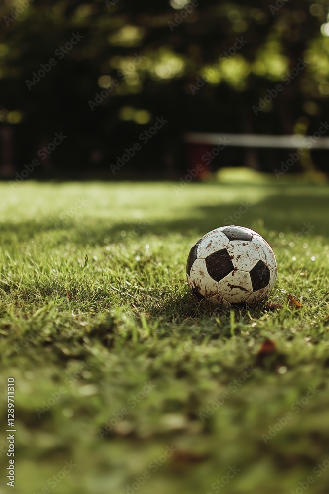 Fototapeta premium Soccer ball on grass lawn. Outdoor activity.